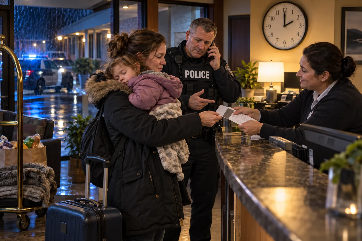 Illustration of the Foundation’s vision: a police officer helping a family find shelter