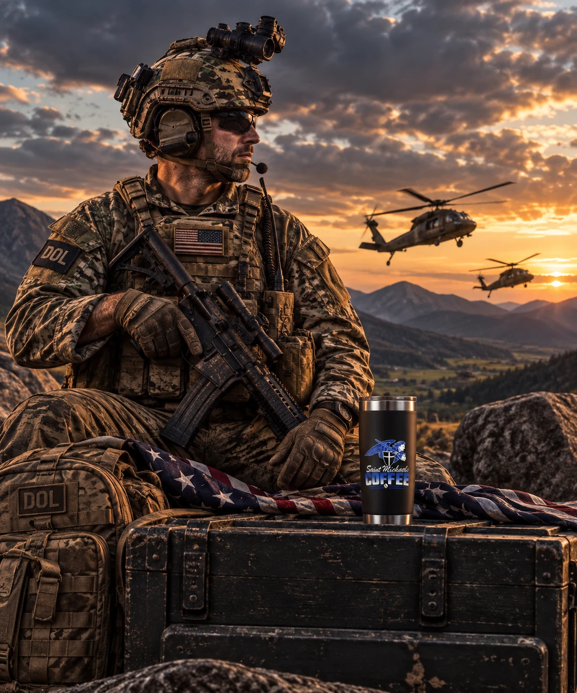 Soldier with Saint Michaels Coffee